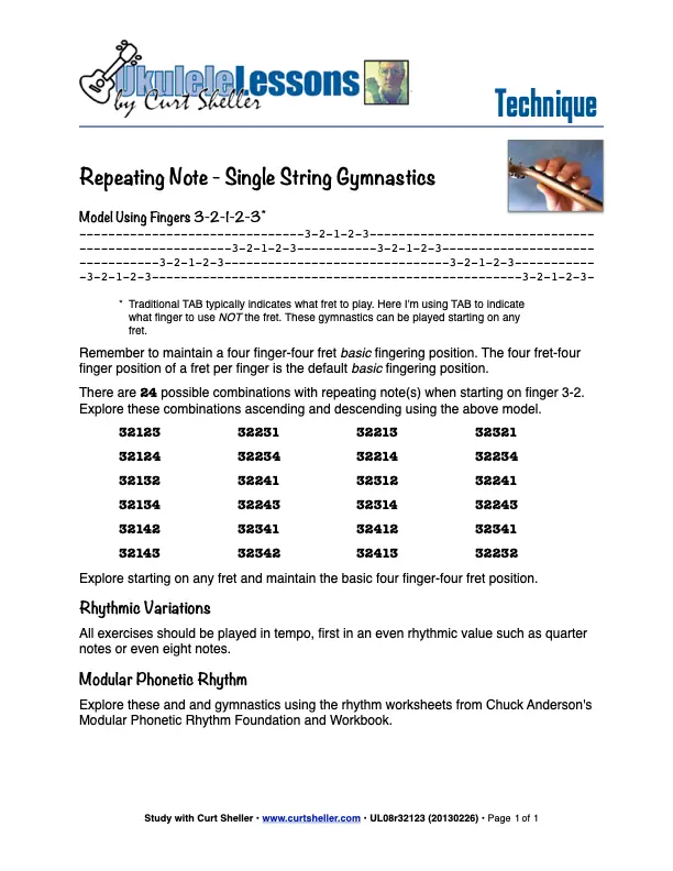 Repeating Note - Five Note, Single String Fingering Drills Starting with Fingers 3-2-1-2-3
