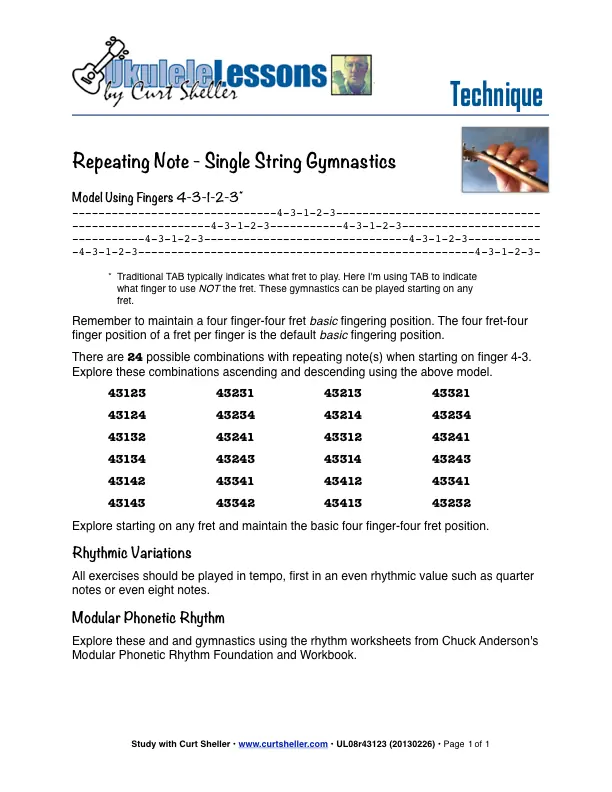 Repeating Note - Five Note, Single String Fingering Drills Starting with Fingers 4-3-1-2-3